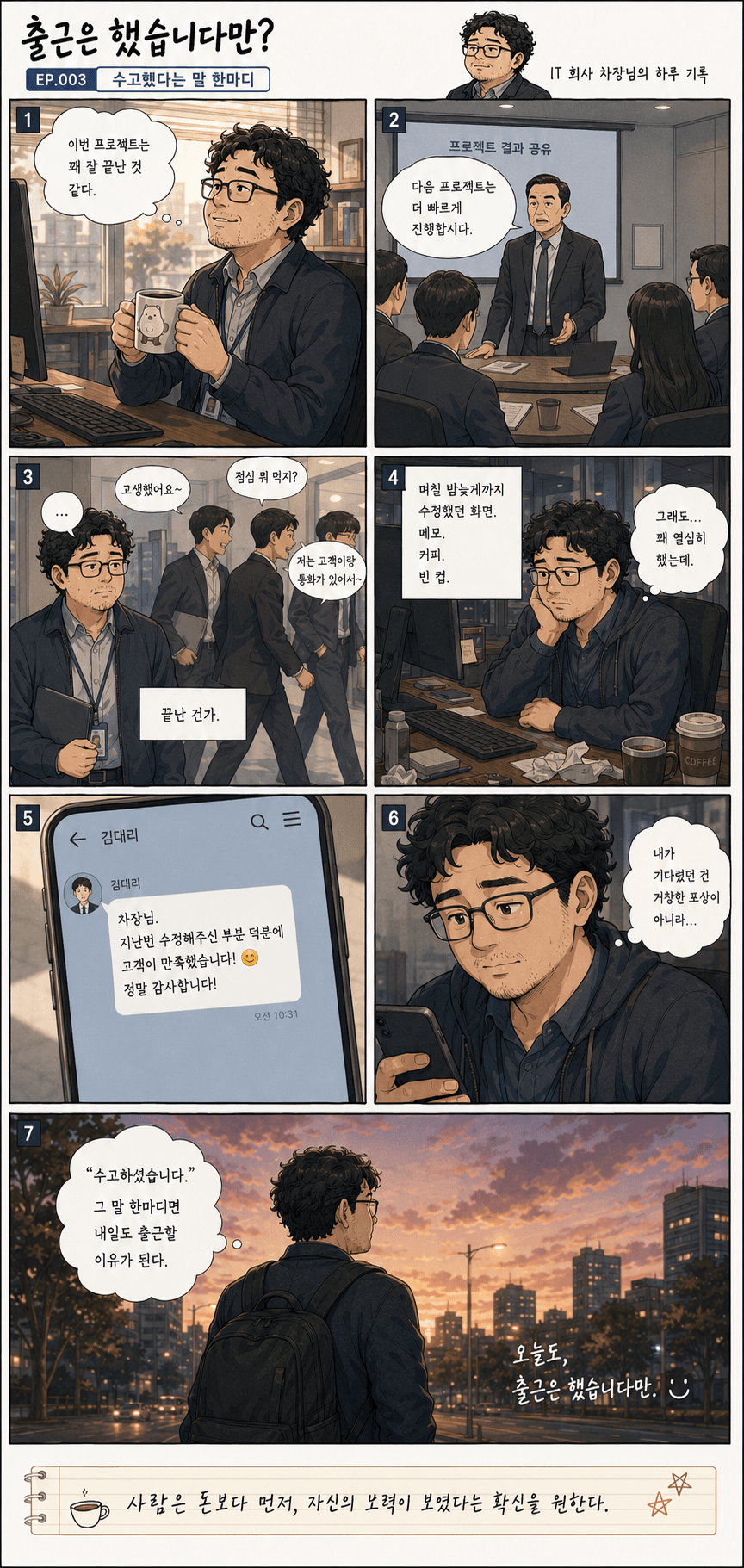 출근은 했습니다만? 3화 수고했다는 말 한마디 — 만화 컷. 전체 대사는 아래 대사 보기에 있습니다.