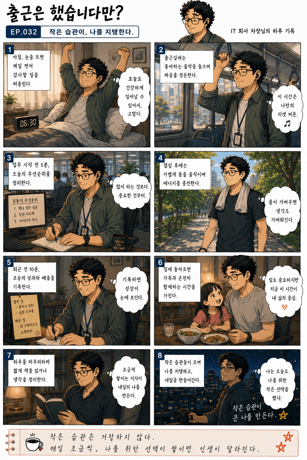 출근은 했습니다만? 32화 작은 습관이, 나를 지탱한다 — 만화 컷. 전체 대사는 아래 대사 보기에 있습니다.