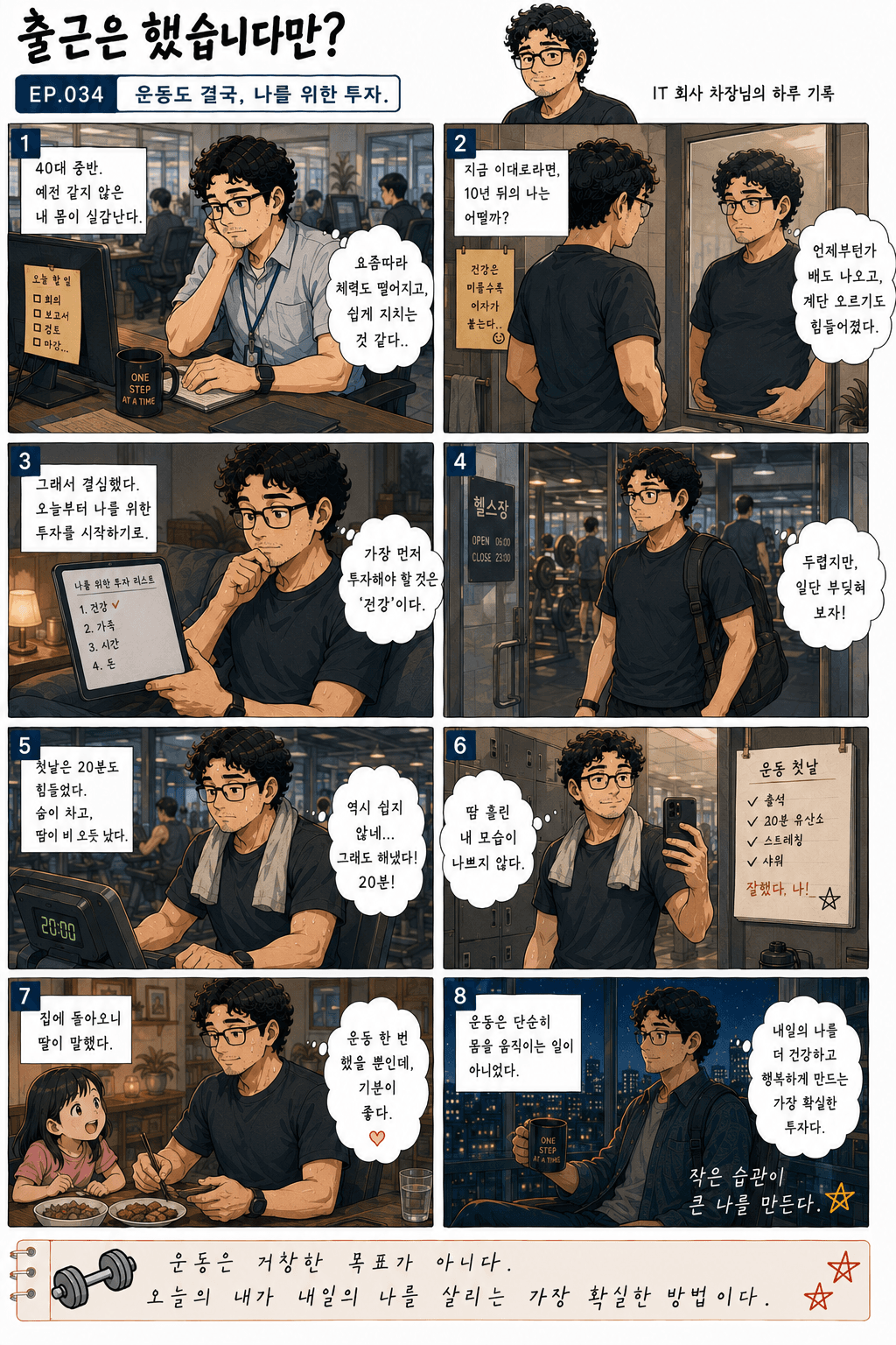 출근은 했습니다만? 34화 운동도 결국, 나를 위한 투자 — 만화 컷. 전체 대사는 아래 대사 보기에 있습니다.