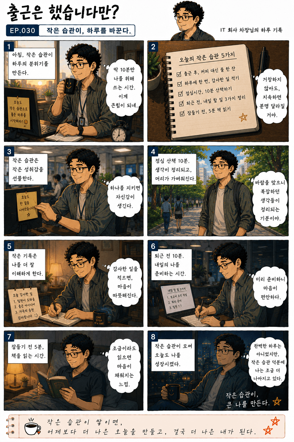 출근은 했습니다만? 30화 작은 습관이, 하루를 바꾼다 — 만화 컷. 전체 대사는 아래 대사 보기에 있습니다.