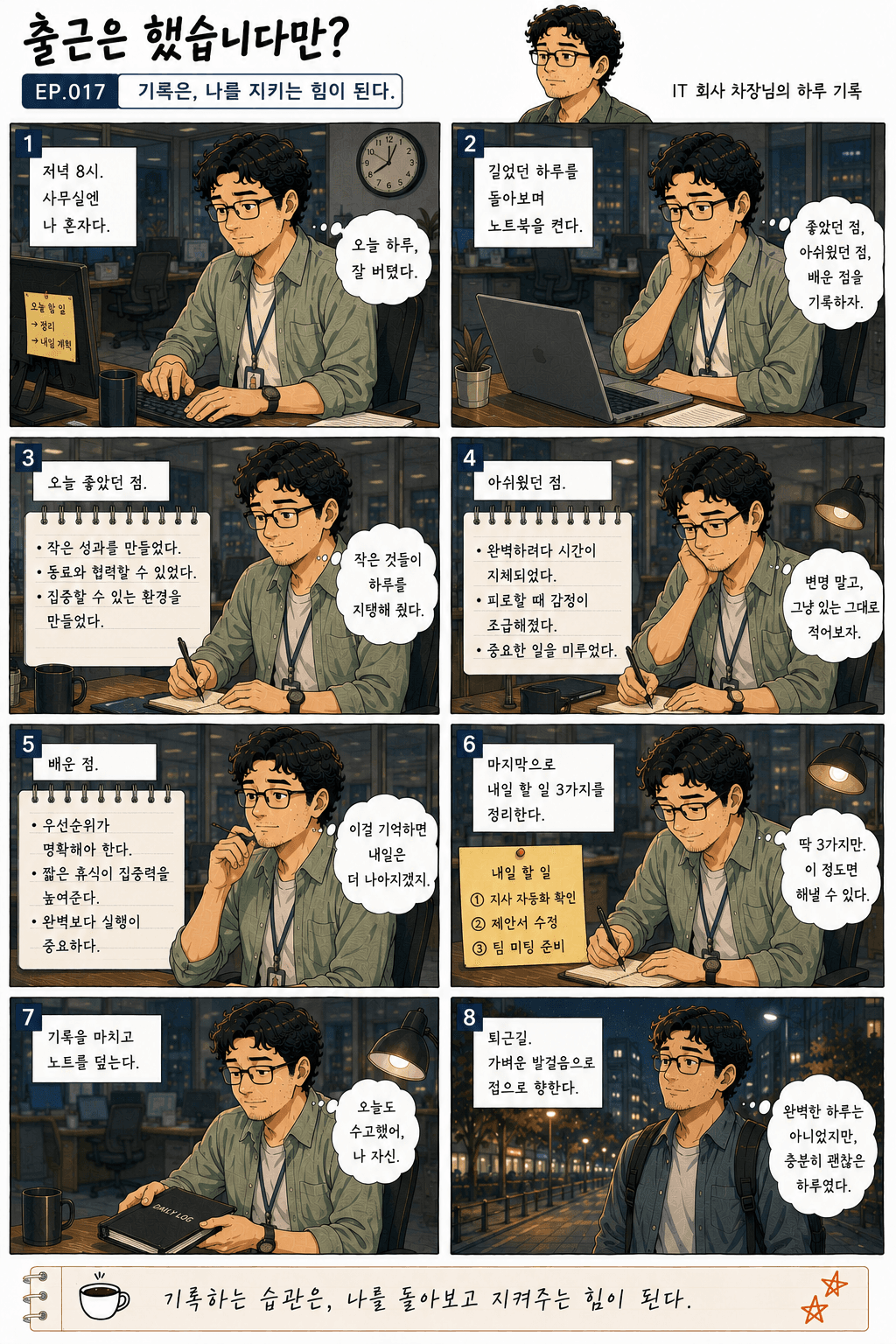 출근은 했습니다만? 17화 기록은, 나를 지키는 힘이 된다. — 만화 컷. 전체 대사는 아래 대사 보기에 있습니다.