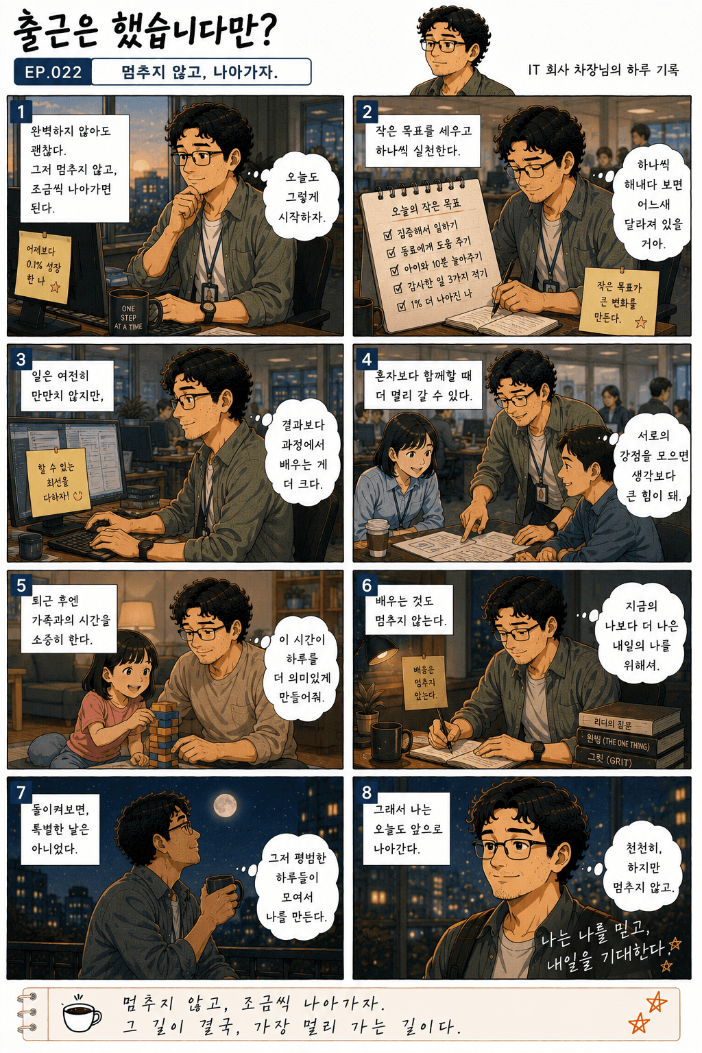 출근은 했습니다만? 22화 멈추지 않고, 나아가자 — 만화 컷. 전체 대사는 아래 대사 보기에 있습니다.