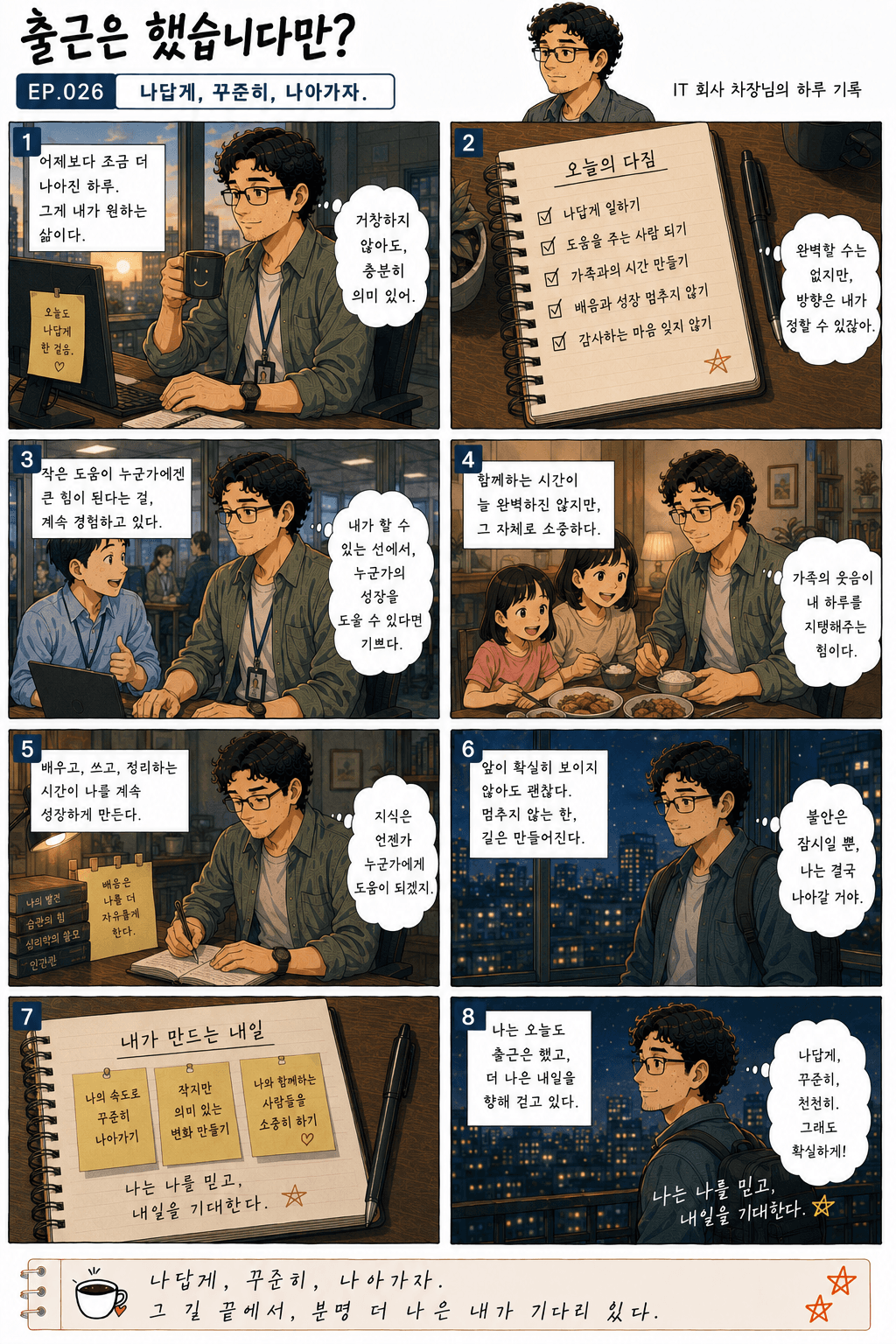 출근은 했습니다만? 26화 나답게, 꾸준히, 나아가자 — 만화 컷. 전체 대사는 아래 대사 보기에 있습니다.