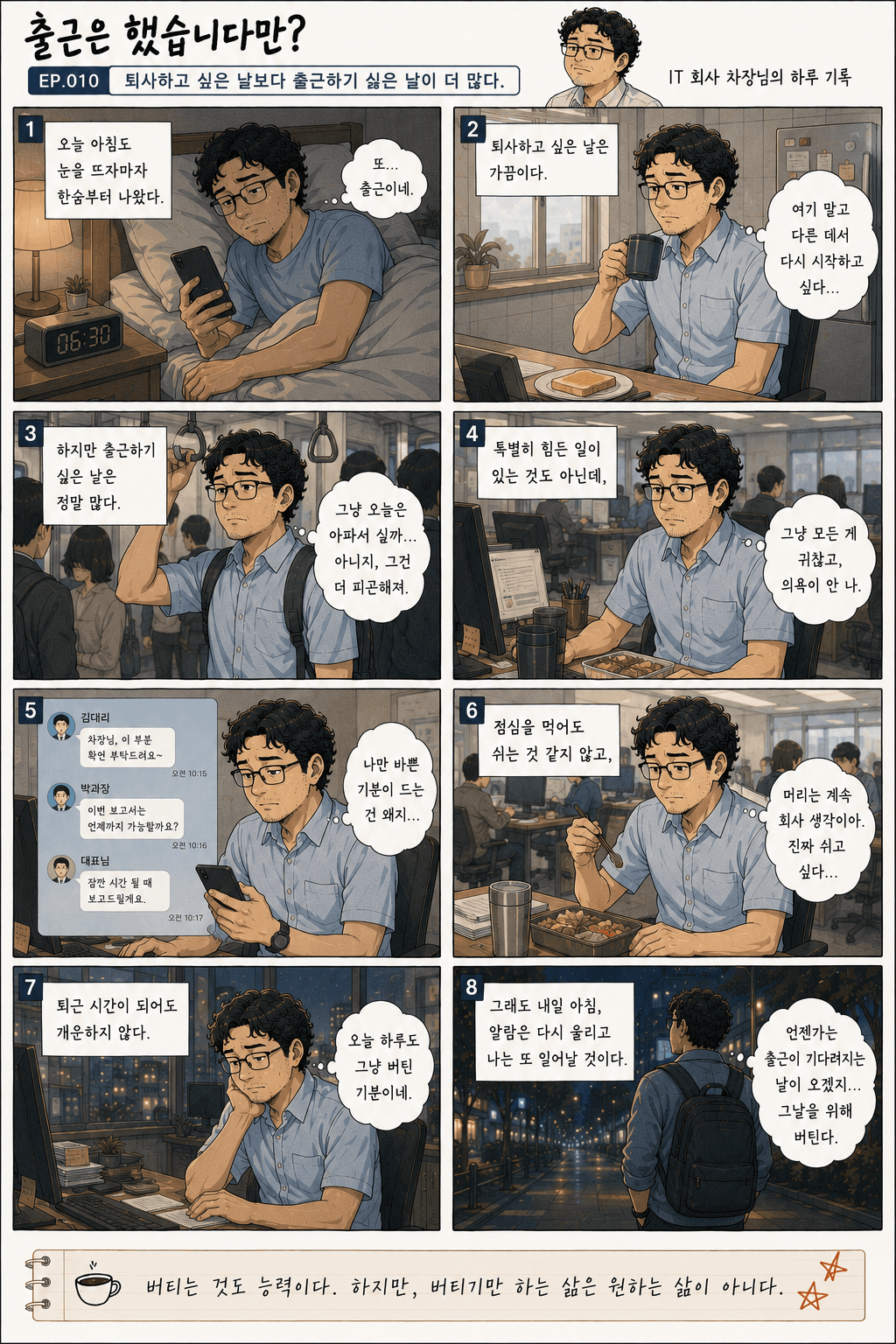 출근은 했습니다만? 10화 퇴사하고 싶은 날보다 출근하기 싫은 날이 더 많다. — 만화 컷. 전체 대사는 아래 대사 보기에 있습니다.