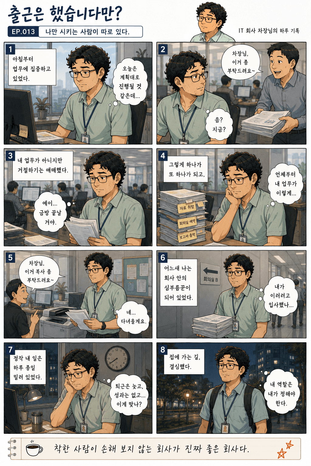 출근은 했습니다만? 13화 나만 시키는 사람이 따로 있다. — 만화 컷. 전체 대사는 아래 대사 보기에 있습니다.