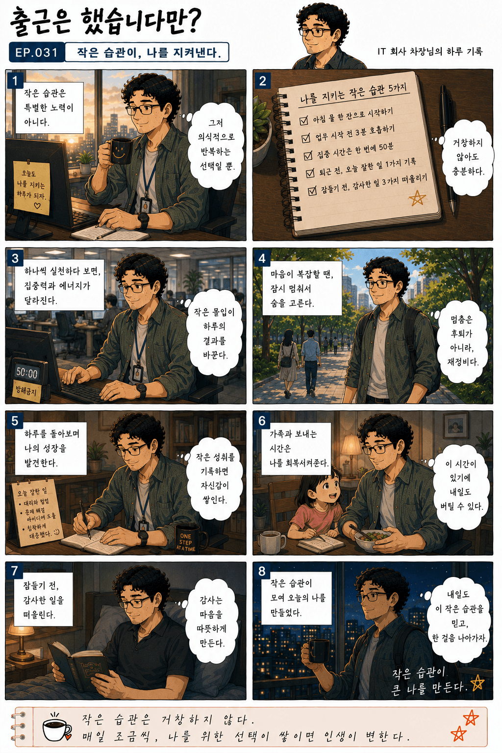 출근은 했습니다만? 31화 작은 습관이, 나를 지켜낸다 — 만화 컷. 전체 대사는 아래 대사 보기에 있습니다.