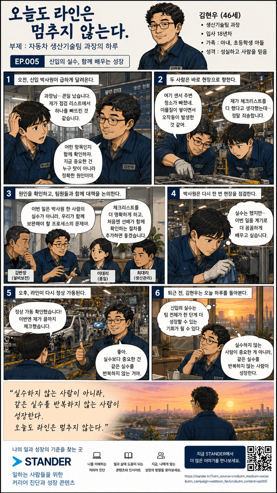 오늘도 라인은 멈추지 않는다. 5화 신입의 실수, 함께 배우는 성장 — 만화 컷. 전체 대사는 아래 대사 보기에 있습니다.