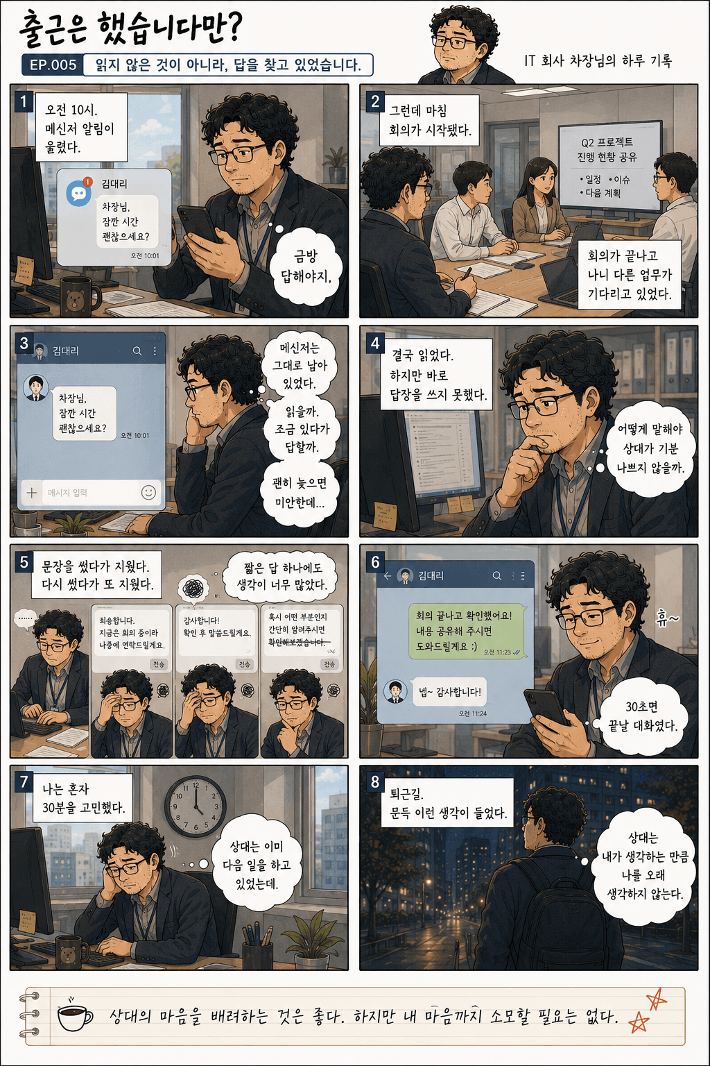출근은 했습니다만? 5화 읽지 않은 것이 아니라, 답을 찾고 있었습니다. — 만화 컷. 전체 대사는 아래 대사 보기에 있습니다.