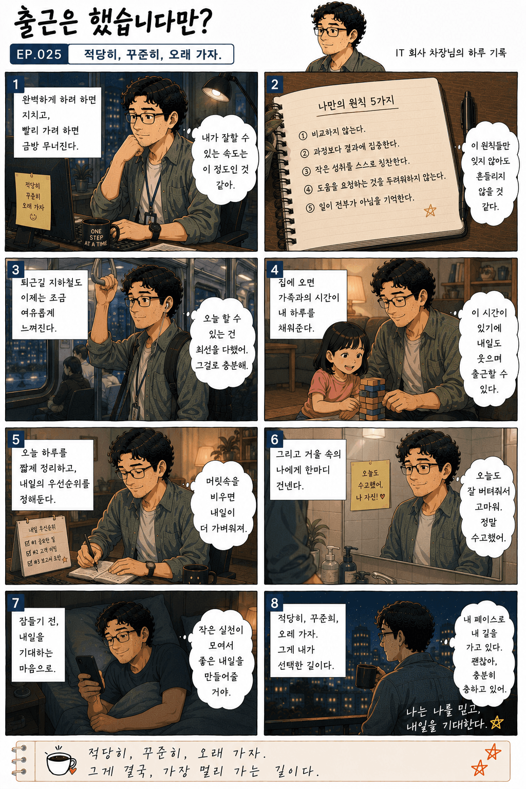 출근은 했습니다만? 25화 적당히, 꾸준히, 오래 가자 — 만화 컷. 전체 대사는 아래 대사 보기에 있습니다.