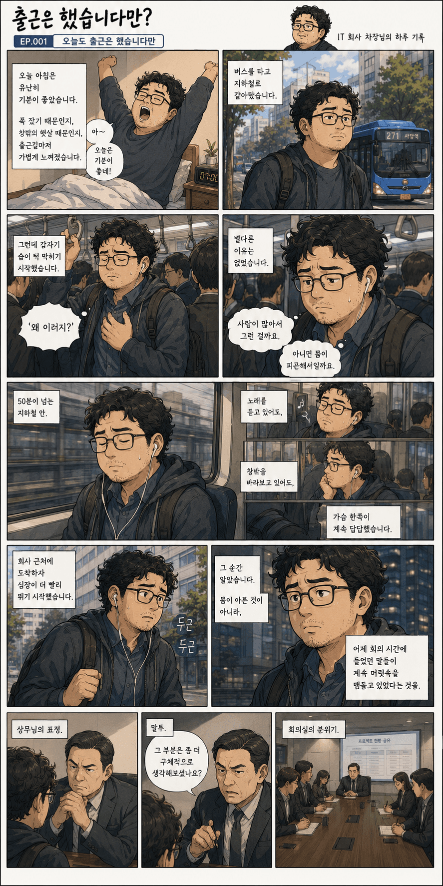 출근은 했습니다만? 1화 오늘도 출근은 했습니다만 — 만화 컷. 전체 대사는 아래 대사 보기에 있습니다.
