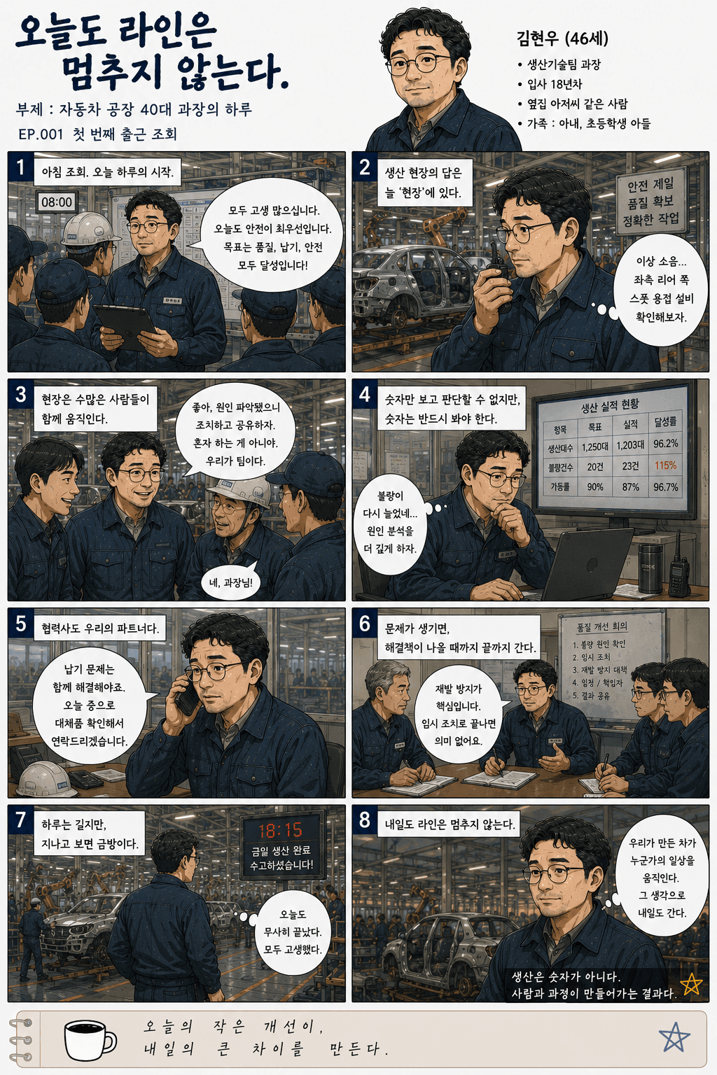오늘도 라인은 멈추지 않는다. 1화 첫 번째 출근 조회 — 만화 컷. 전체 대사는 아래 대사 보기에 있습니다.