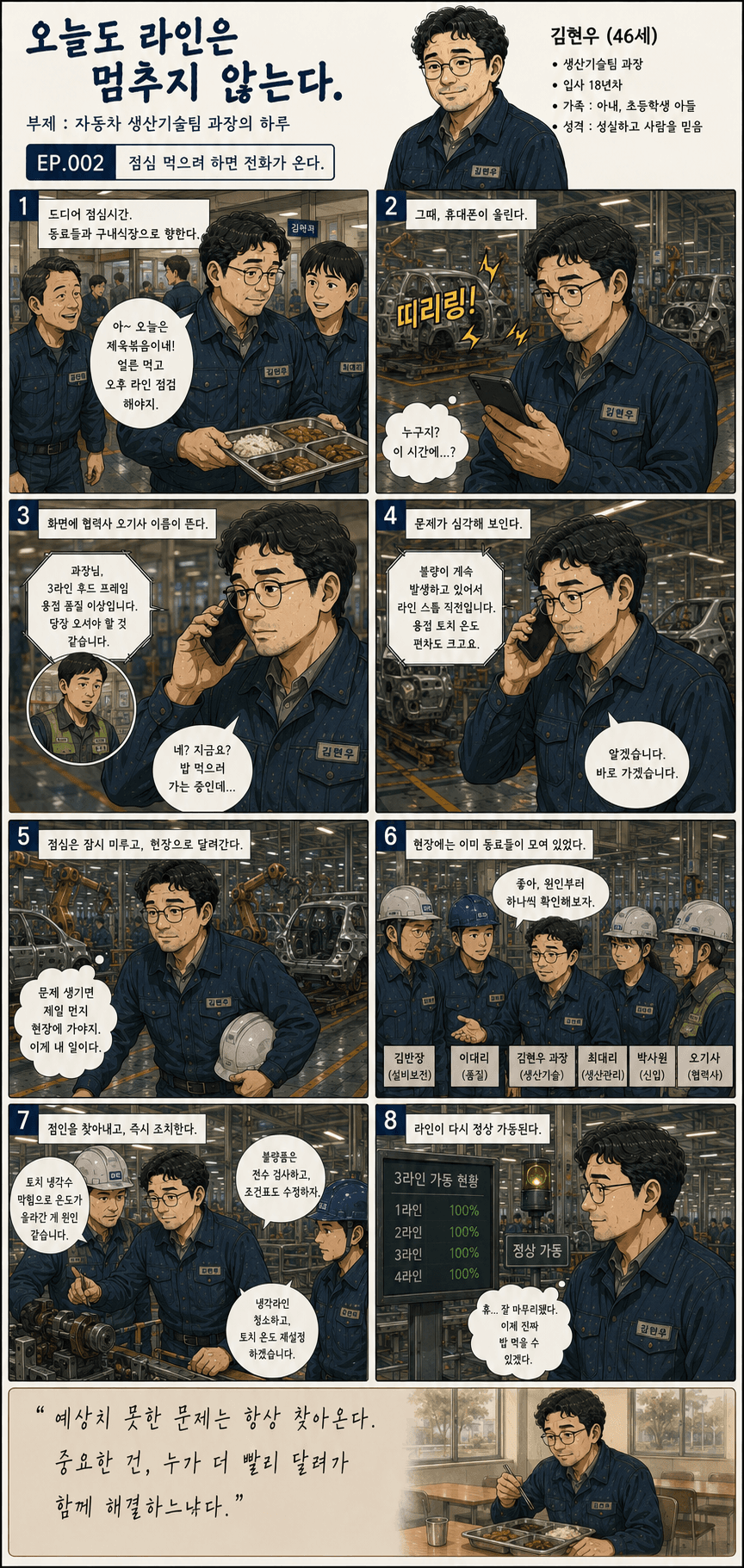 오늘도 라인은 멈추지 않는다. 2화 점심 먹으려 하면 전화가 온다 — 만화 컷. 전체 대사는 아래 대사 보기에 있습니다.