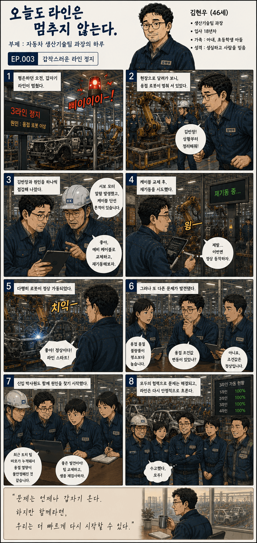 오늘도 라인은 멈추지 않는다. 3화 갑작스러운 라인 정지 — 만화 컷. 전체 대사는 아래 대사 보기에 있습니다.